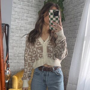 American Eagle Outfitters // Cream & Brown Floral Cropped Cardigan